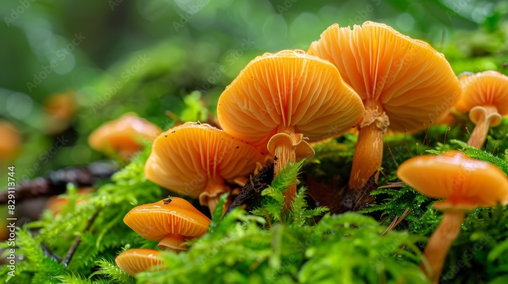 Close-up of orange mushrooms growing on moss in forest Close-up of orange mushrooms growing on moss in forest