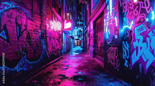 A neon-lit alleyway adorned with graffiti art, adding an urban edge to the scene.