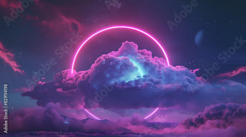 A neon-lit cloud hovers gracefully in the night sky, surrounded by a radiant halo of geometric brilliance that casts a captivating glow upon the nocturnal canvas, photo