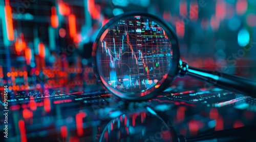 A magnifying glass over an electronic trading screen displaying colorful stock market charts, with a focus on the reflection of data and graphs in its surface.