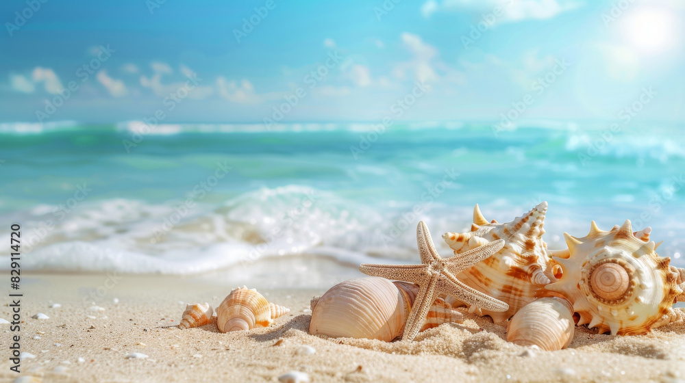 Beautiful summer background with starfish and seashells on the beach, blue sky, sea waves in the distance. Summer vacation concept