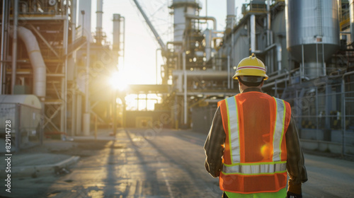 Wallpaper Mural Photo of an engineer wearing a high visibility vest and helmet walking in front of a large industrial power plant. A wide angle shot on a sunny day with a bokeh effect and backlit Torontodigital.ca