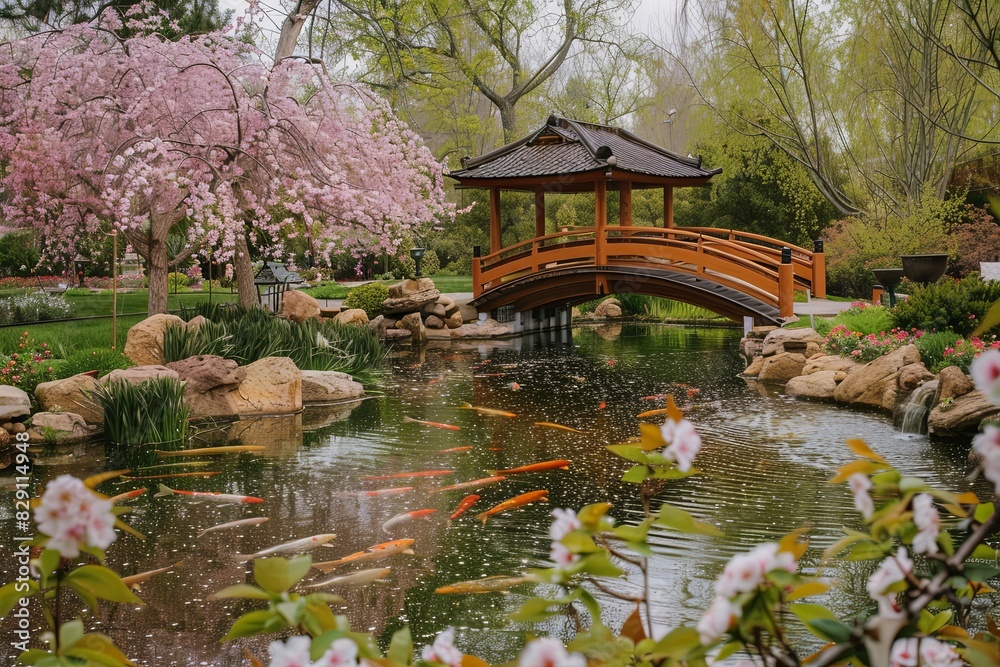 A small wooden bridge spans over a tranquil pond, creating a charming scene in a Japanese garden A small wooden bridge spans over a tranquil pond, creating a charming scene in a Japanese garden