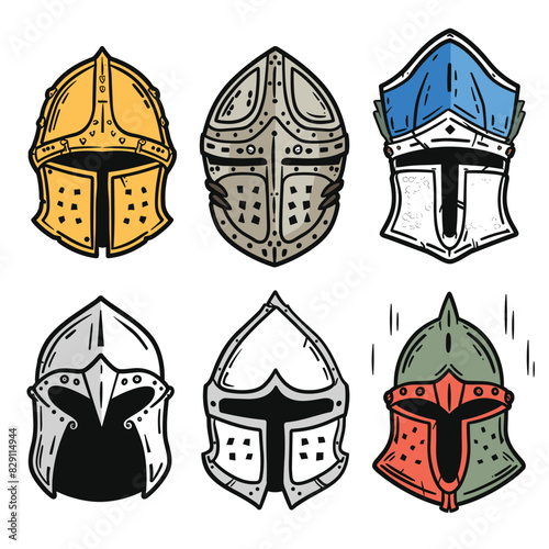 Six medieval helmets illustrated various colors designs, helmet features distinct historical styles, suitable knights warriors. These illustrations be used educational content about armor