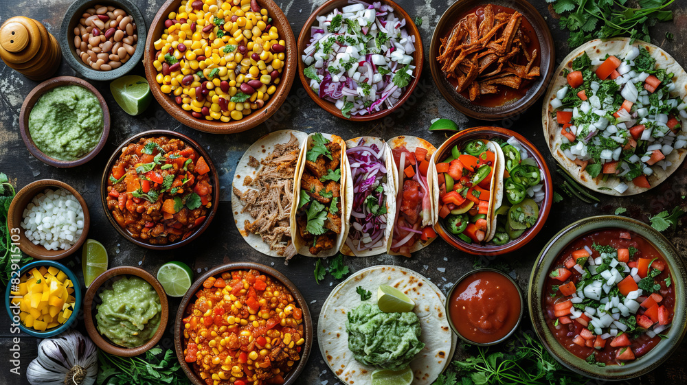 Overhead shot of a dinner table with Mexican food and hands. Tacos, beans, carnitas, habanero, salsa,generative ai Overhead shot of a dinner table with Mexican food and hands. Tacos, beans, carnitas, habanero, salsa,generative ai