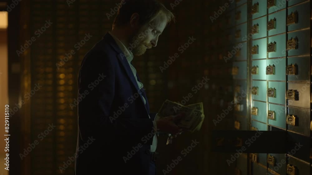 Man in suit spies Investigating vault safe holding a flashlight in dark room Man in suit spies Investigating vault safe holding a flashlight in dark room