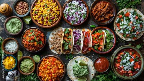 Overhead shot of a dinner table with Mexican food and hands. Tacos  beans  carnitas  habanero  salsa generative ai