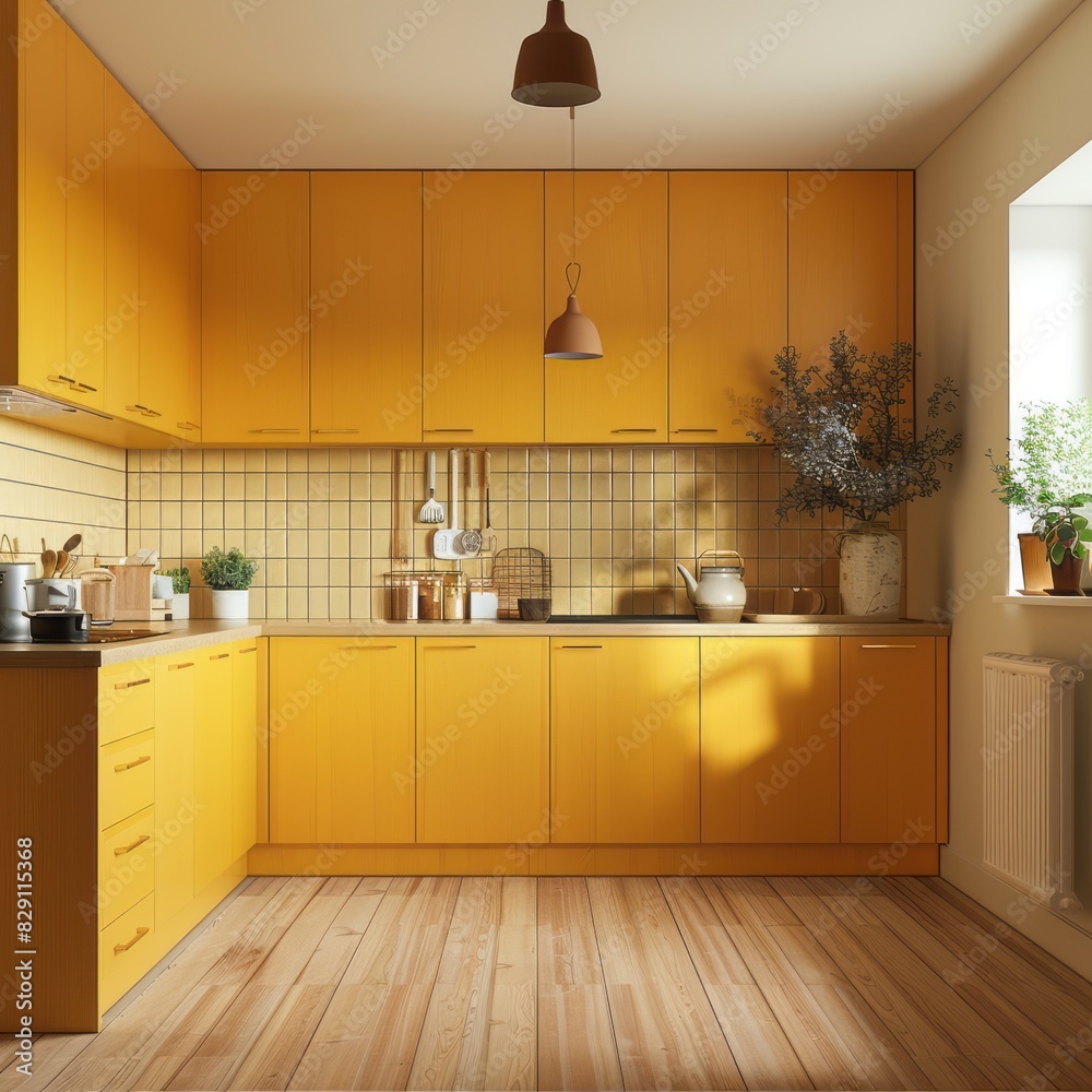Yellow kitchen interior featuring ochre cabinets, beige tile backsplash, and wooden floors Yellow kitchen interior featuring ochre cabinets, beige tile backsplash, and wooden floors