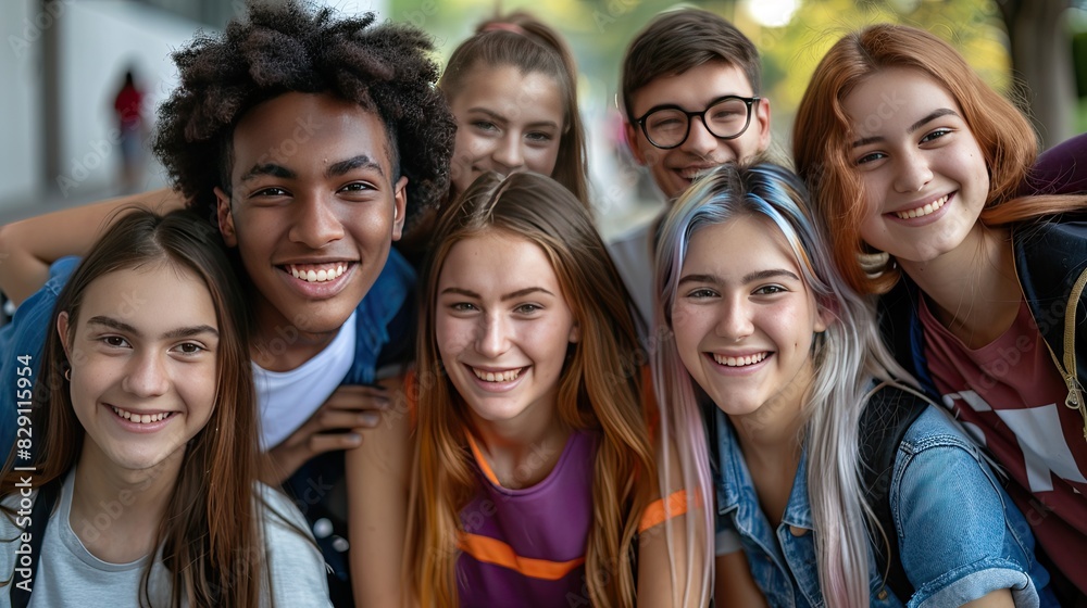 A group of young people are smiling and posing for a picture. Scene is happy and friendly A group of young people are smiling and posing for a picture. Scene is happy and friendly