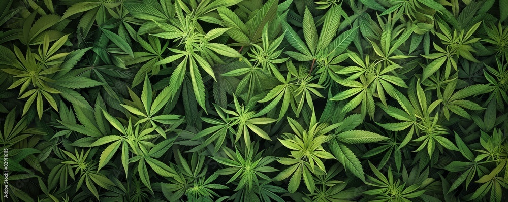 Dense arrangement of green cannabis leaves Dense arrangement of green cannabis leaves