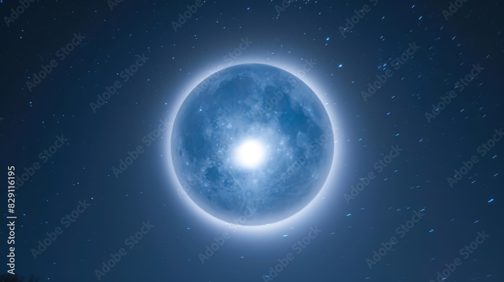 A hazy blue moon with a brilliant halo of shimmering circles creating a mystical sight in the night sky.