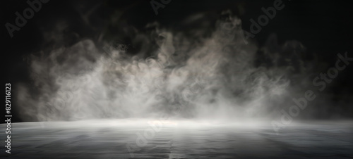 An empty dark room with a large cloud of smoke, fog, mist in the background. stage, showcase mockup, template for showcase, display product with copy space