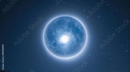 A hazy blue moon with a brilliant halo of shimmering circles creating a mystical sight in the night sky. © Justlight