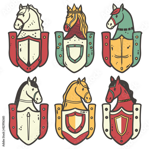 Six medieval horse crests, featuring stylized horse head shield distinct colors patterns. Cartoon style illustrations depict equestrian themed heraldry colorful, playful manner, crest blends