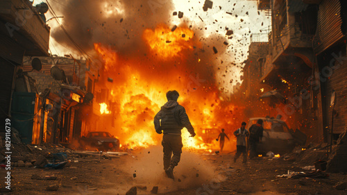 arab boy running from explosions in the destroyed city,generative ai © Pawina