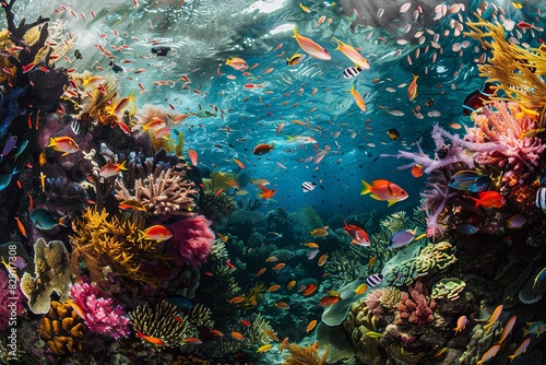 Colorful fish swim in a large group over a vibrant coral reef in the ocean