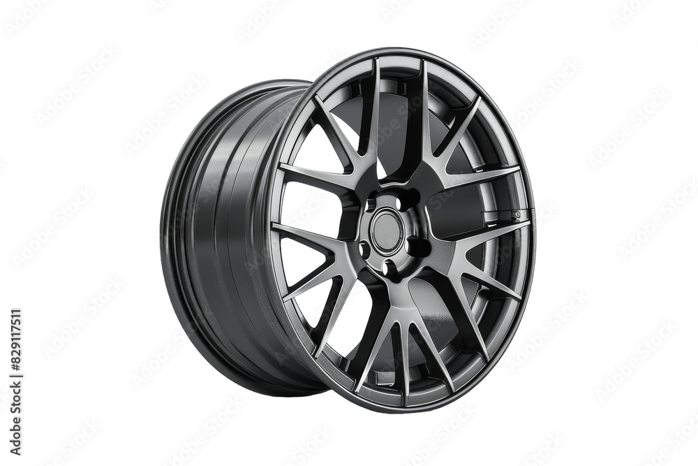 Sleek Matte Gunmetal Spoke Wheel Isolated on Transparent Background Sleek Matte Gunmetal Spoke Wheel Isolated on Transparent Background