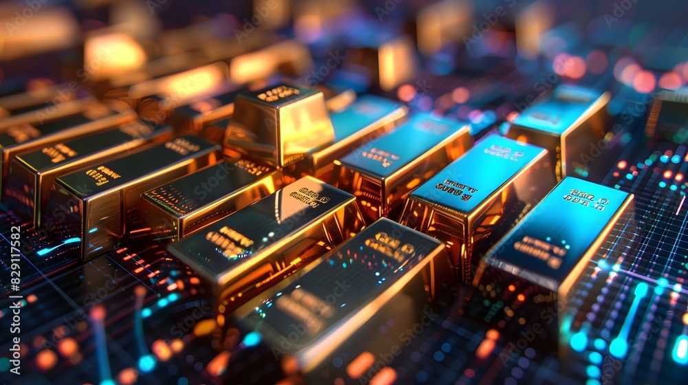 A detailed image of gold bars placed on top of an advanced technological financial chart