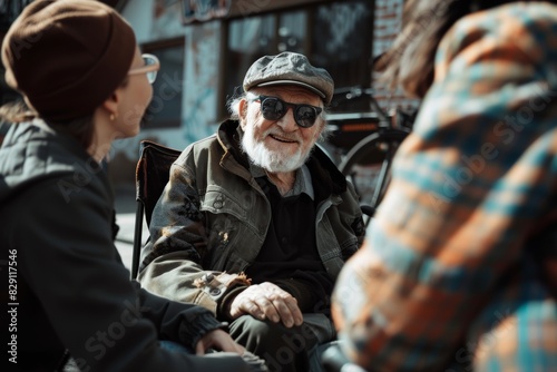 Handsome senior man in a cap and sunglasses sitting on the street and talking with his family.
