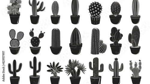cactus detailed vector and silhouettes set black and white 3D avatars set vector icon, white background, black colour icon photo