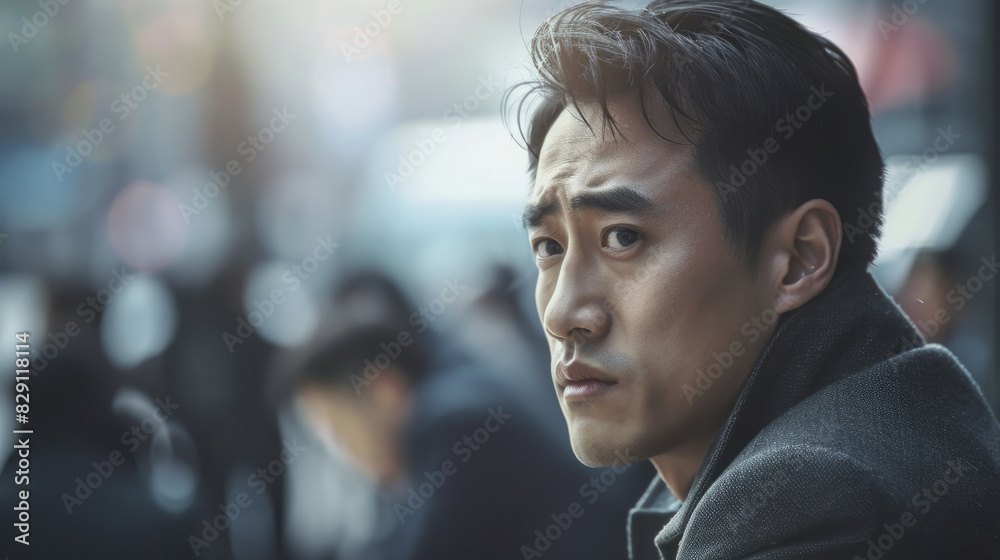 A man wearing a black coat stands while looking off into the distance