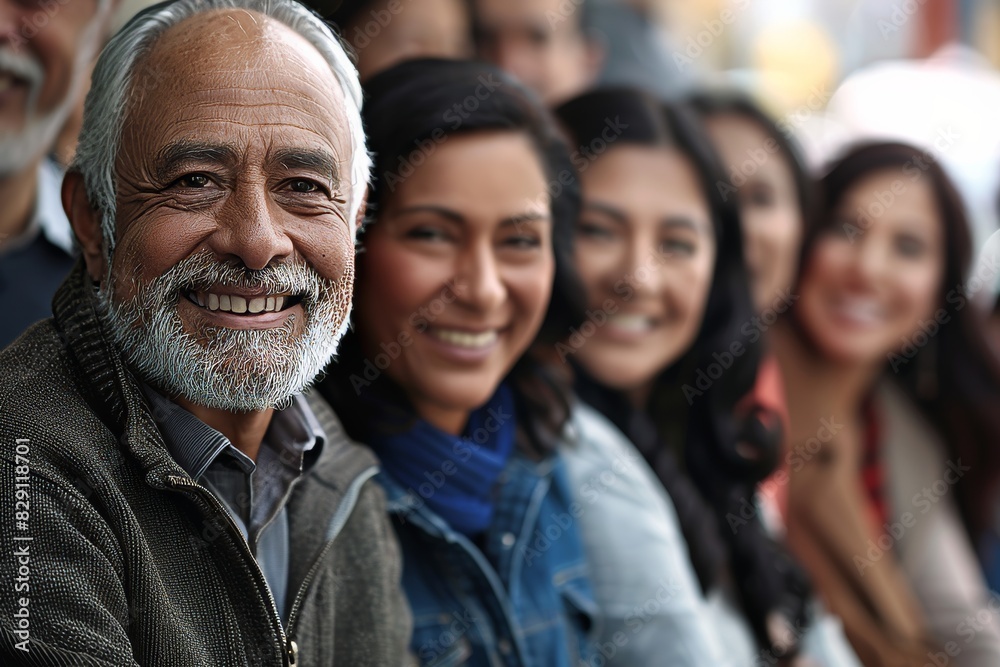 Group of diverse people standing in a row and smiling at the camera Group of diverse people standing in a row and smiling at the camera