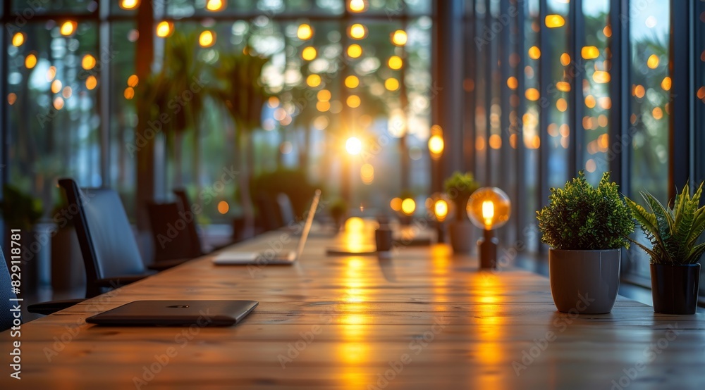 Blurred modern office interior with panoramic windows and lamps, blurred background. Blurred modern office interior with panoramic windows and lamps, blurred background.