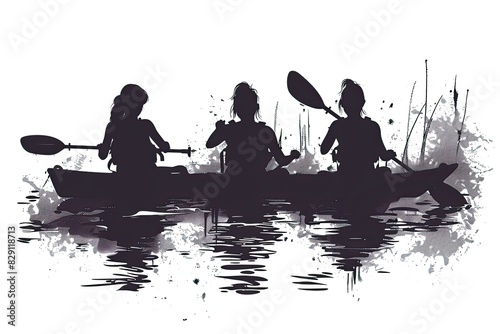 Three people are paddling a canoe in a river. The canoe is black and white. The people are wearing life jackets photo