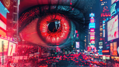 A detailed close-up of a persons eye with a bustling cityscape in the background, showcasing the juxtaposition of human emotion and urban life