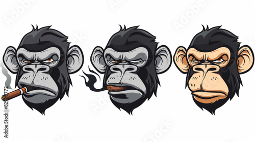 chimpanzee or monkey smoking a cigar mascot logo ,monkey angry face mascot logo icon 3D avatars set vector icon, white background, black colour icon