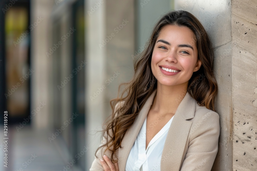 Confident Smile Hispanic Businesswoman in her 30s Leaning on Wall in Cityscape Confident Smile Hispanic Businesswoman in her 30s Leaning on Wall in Cityscape
