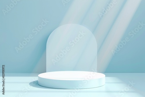 Clean Light Blue Background. Studio Pedestal for Product Advertising with Spotlight Shelf