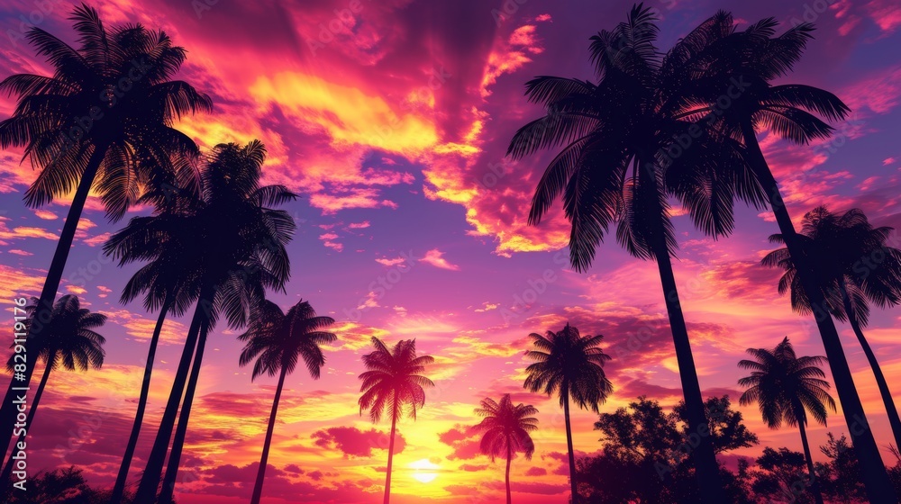 Sunset over tropical palm trees with vibrant sky Sunset over tropical palm trees with vibrant sky