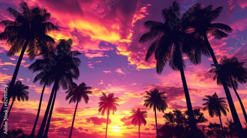 Sunset over tropical palm trees with vibrant sky