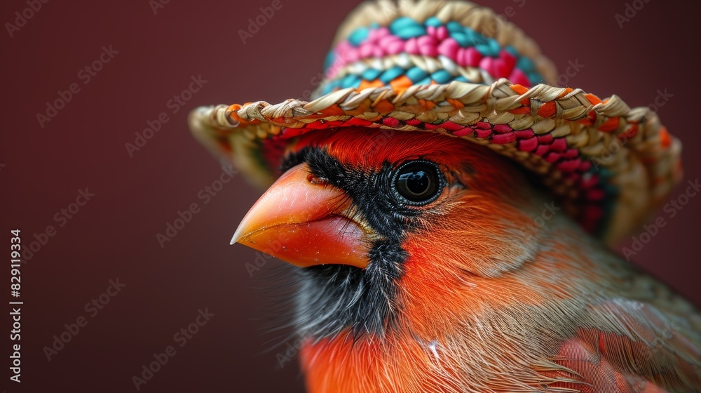 Fototapeta premium Cardinal bird wearing a colorful sombrero on a red background