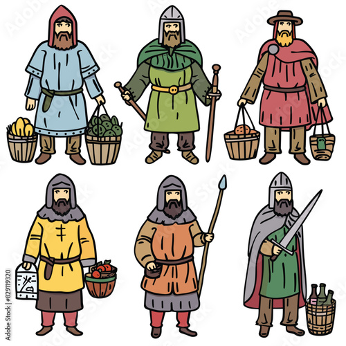 Six medieval characters, carrying various items, professions likely farmers warriors. Men historical clothing, swords, produce baskets, capes, hoods, diverse colors. Middle Ages lifestyle, market