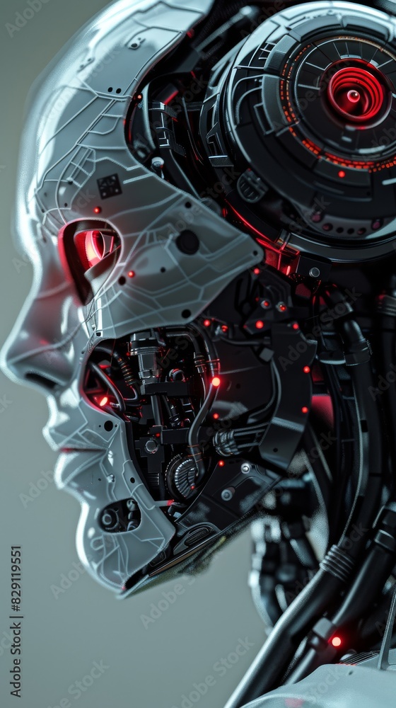 Futuristic android head with glowing red lights Futuristic android head with glowing red lights