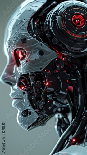 Futuristic android head with glowing red lights