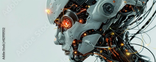 Futuristic robotic cybernetic head with mechanical and electronic components