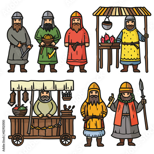 Medieval characters market stall colorful vector illustration. Six cartoon figures representing various medieval professions roles, including soldiers merchants. Illustration suitable educational