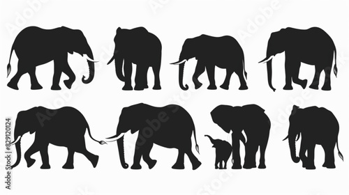 elephants silhouetts set in black and white  elephants silhouettes set  elephants silhouette design 3D avatars set vector icon  white background  black colour icon