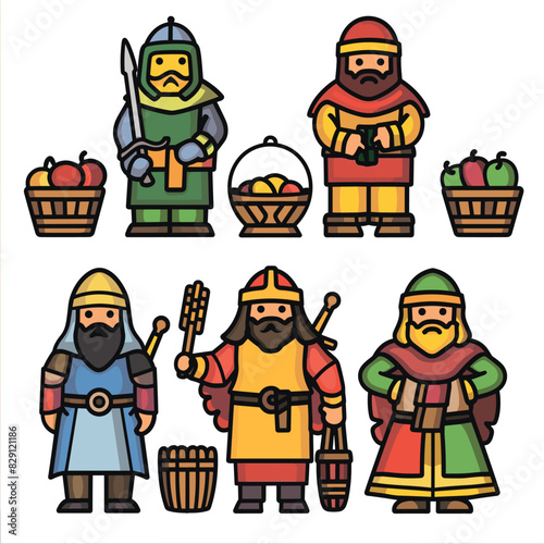 Six medieval characters stylized vector illustration. Middle age warriors farmers weapons baskets fruit, character uniquely dressed, reflecting roles activities feudal society photo