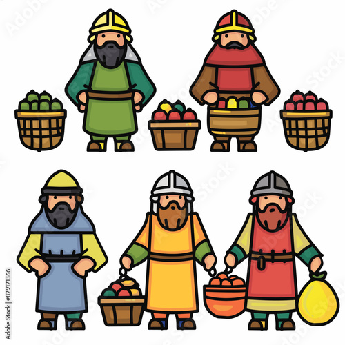 Six cartoon medieval merchants selling fruits, vibrant colors, diverse costumes. Merchants baskets apples, oranges, variety fruits. Bearded vendors colorful garments, headgear, market atmosphere