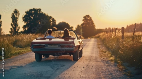 Vintage Road. 1970s Couple Enjoying a Drive in Beautiful Vintage Sports Car photo