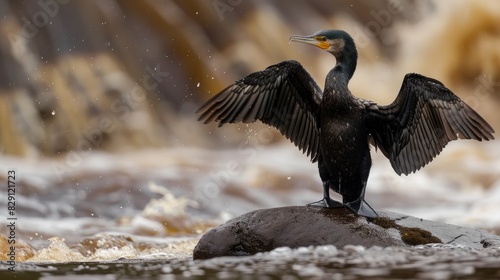 A cormorant Phalacrocorax carbo perched on the river s edge air drying its wings photo