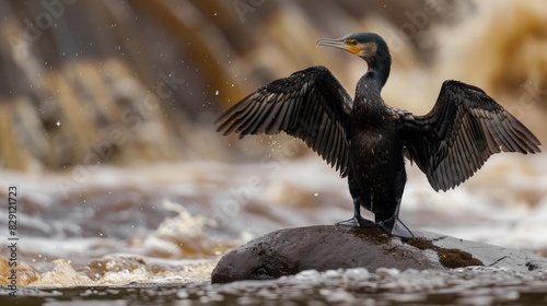 A cormorant Phalacrocorax carbo perched on the river s edge air drying its wings
