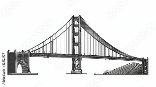 Golden Bridge across the strait. Vector illustration 3D avatars set vector icon, white background, black colour icon