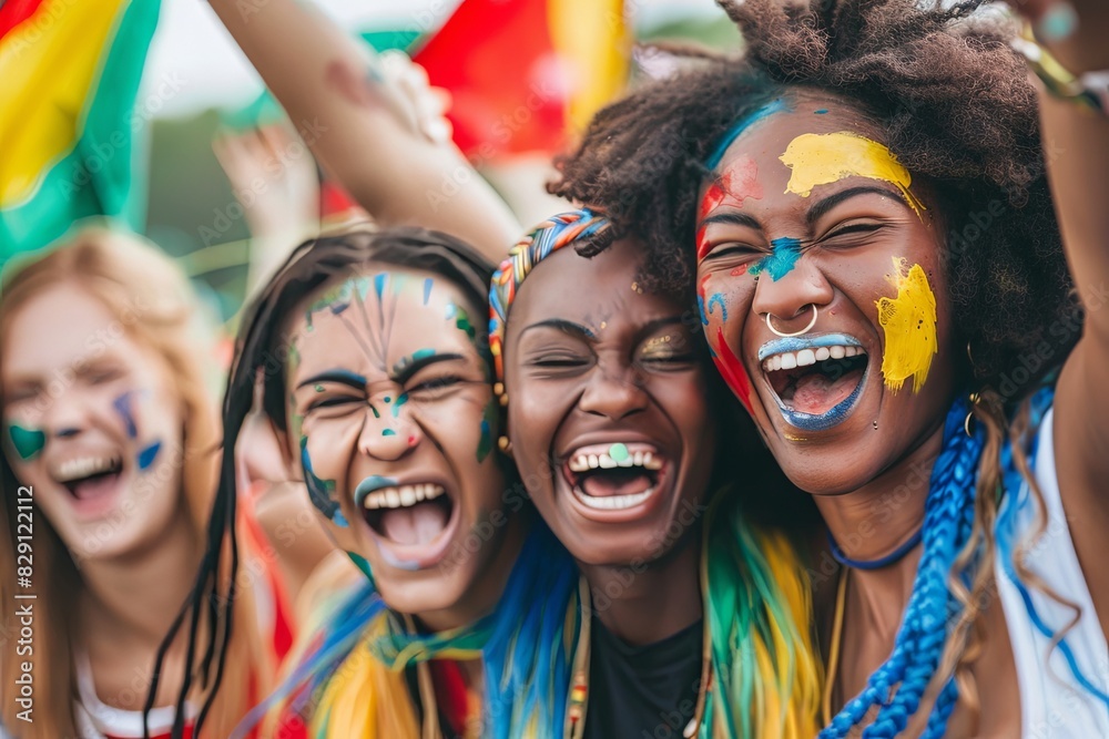 Fototapeta premium A group of young women with painted faces cheer enthusiastically at a sports game