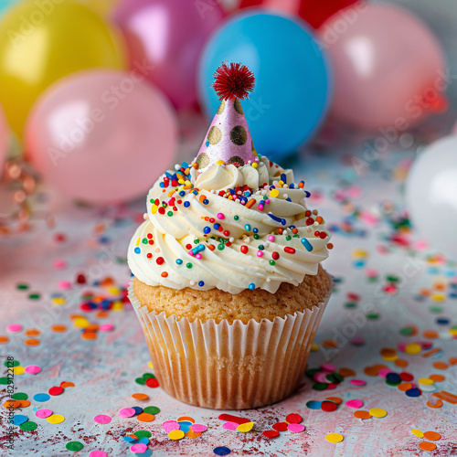 A cute cupcake with a party hat  surrounded by confetti and balloons  ready to celebrate any occasion with sweetness.