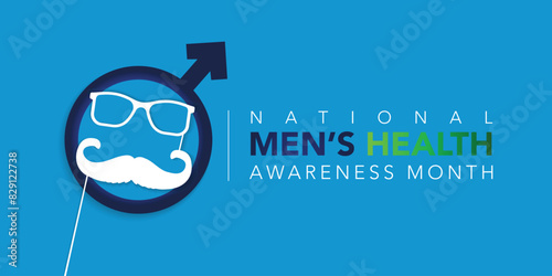 Mens health month concept horizontal banner design template. June is national mens health awareness month vector flyer or poster  about health care for men and implement healthy living decisions.